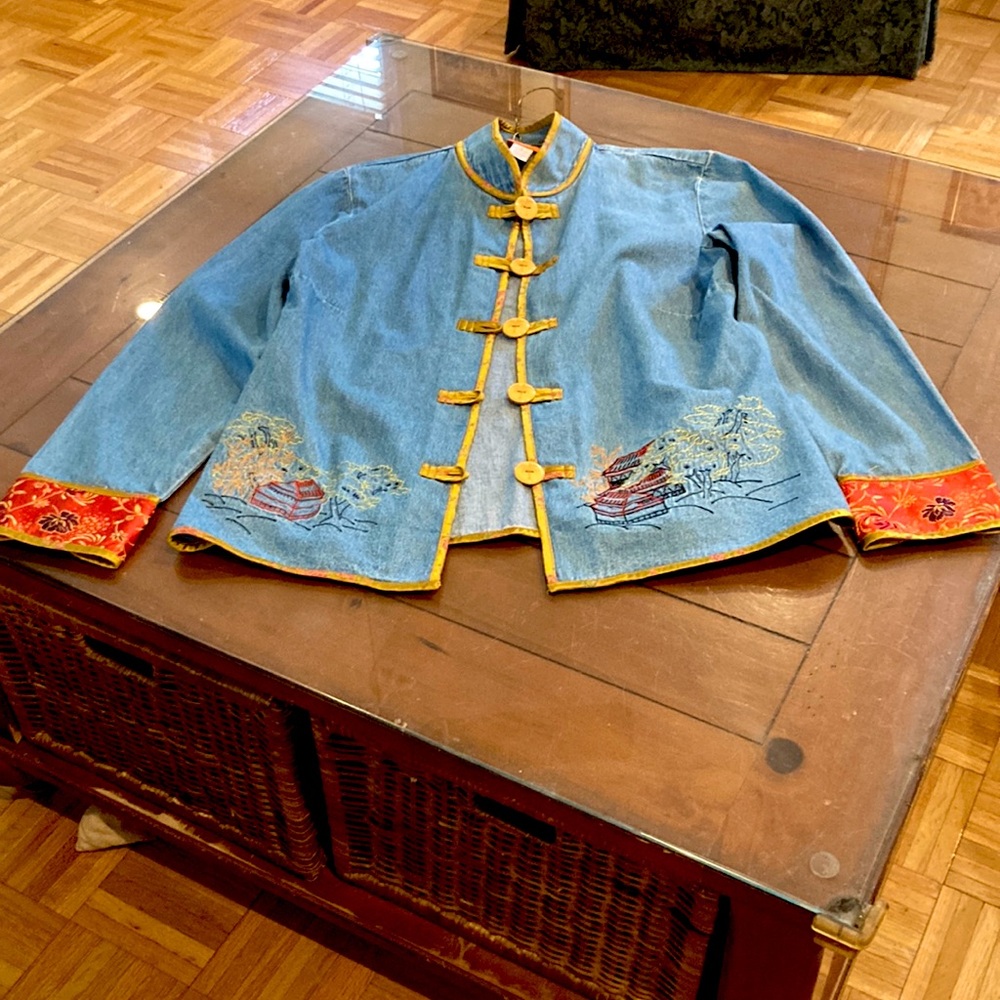Hearts of Palm Blue and Red Jean Jacket with Embroidered Details